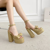 Chunky Heel Heel Peep Toe Sweet Sandals One Strap Diamond Heels Shoes